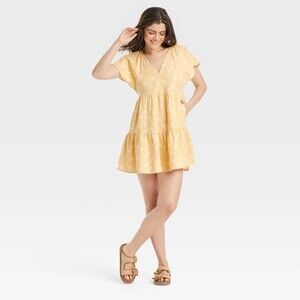 Flutter Short Sleeve Woven Mini Skater Dress - Yellow Floral S